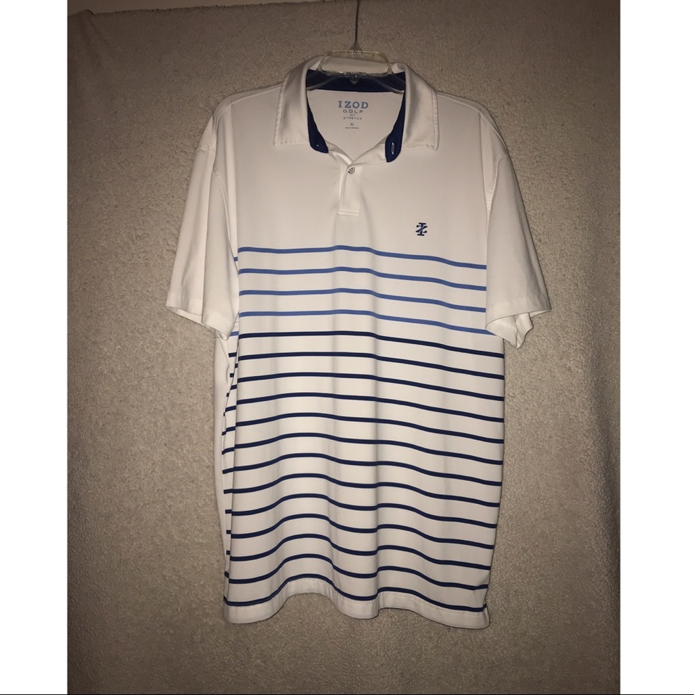 Black/white/blue striped Izod golf polo